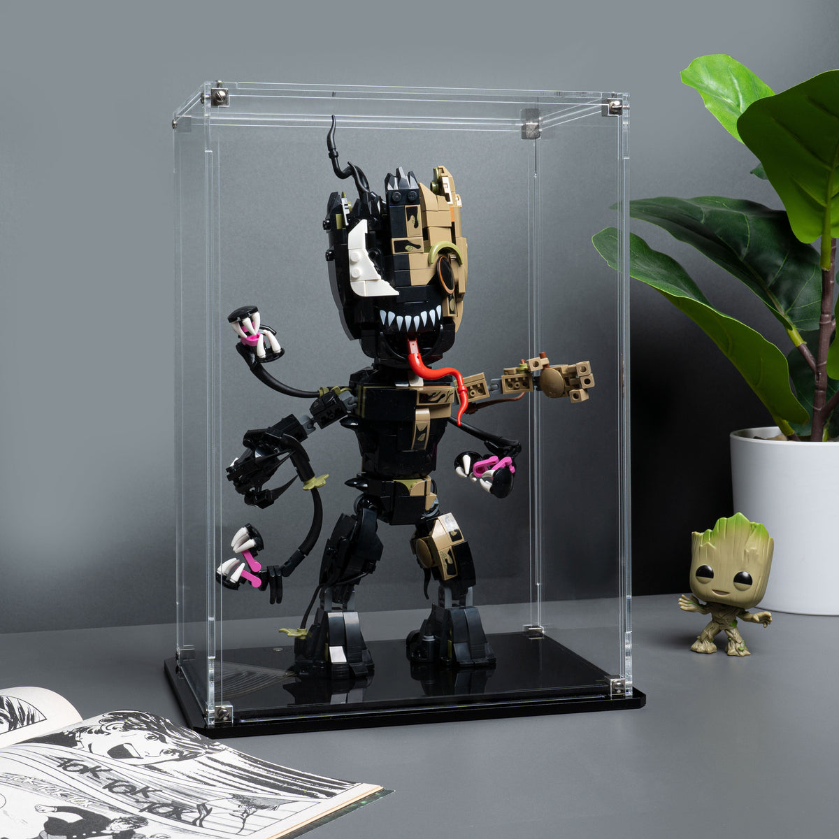 LEGO 76249 Venomised Groot in the acrylic display case, display view 8
