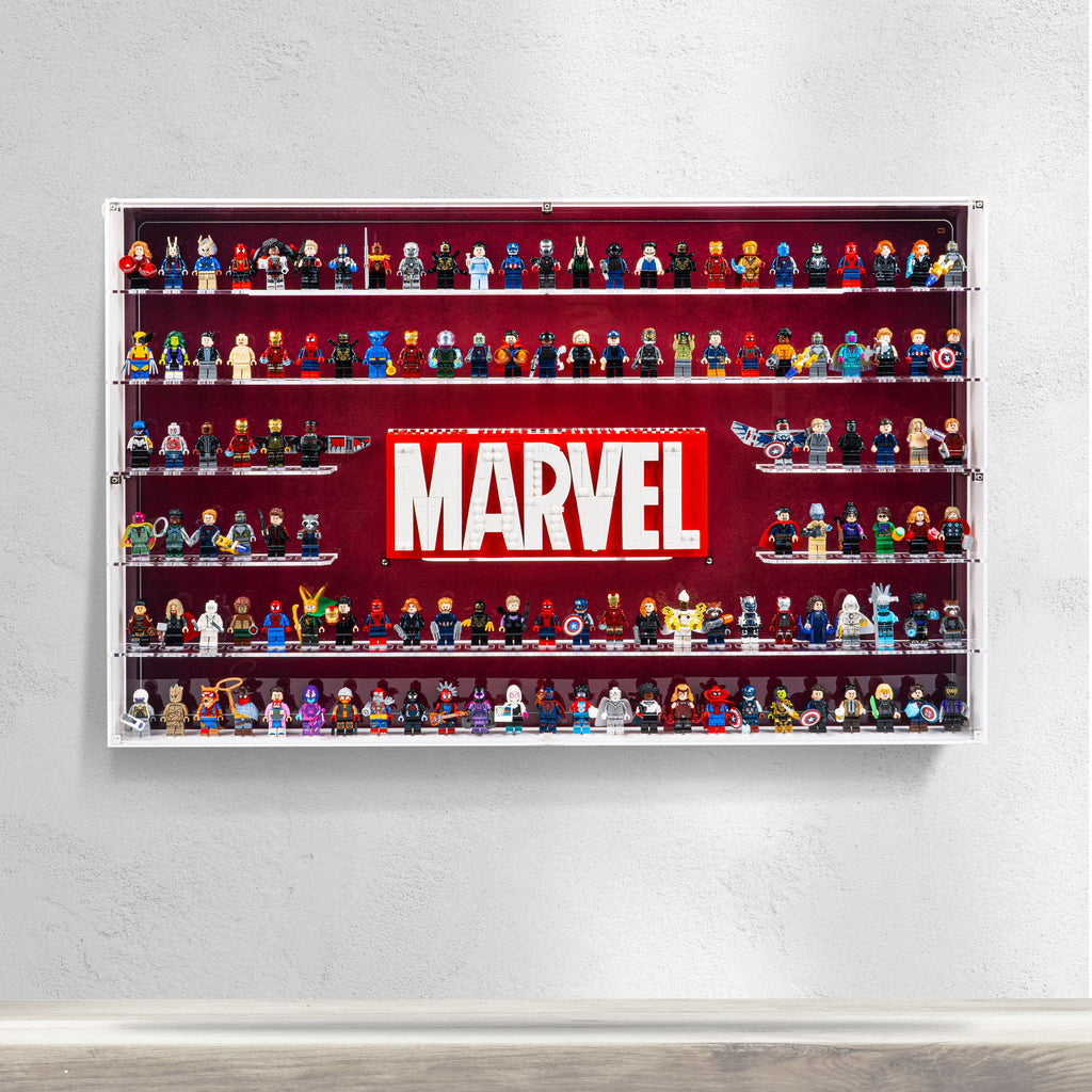 LEGO 76313 Marvel Logo & 124 Minifigures in the acrylic wall mounted display case, display view 3