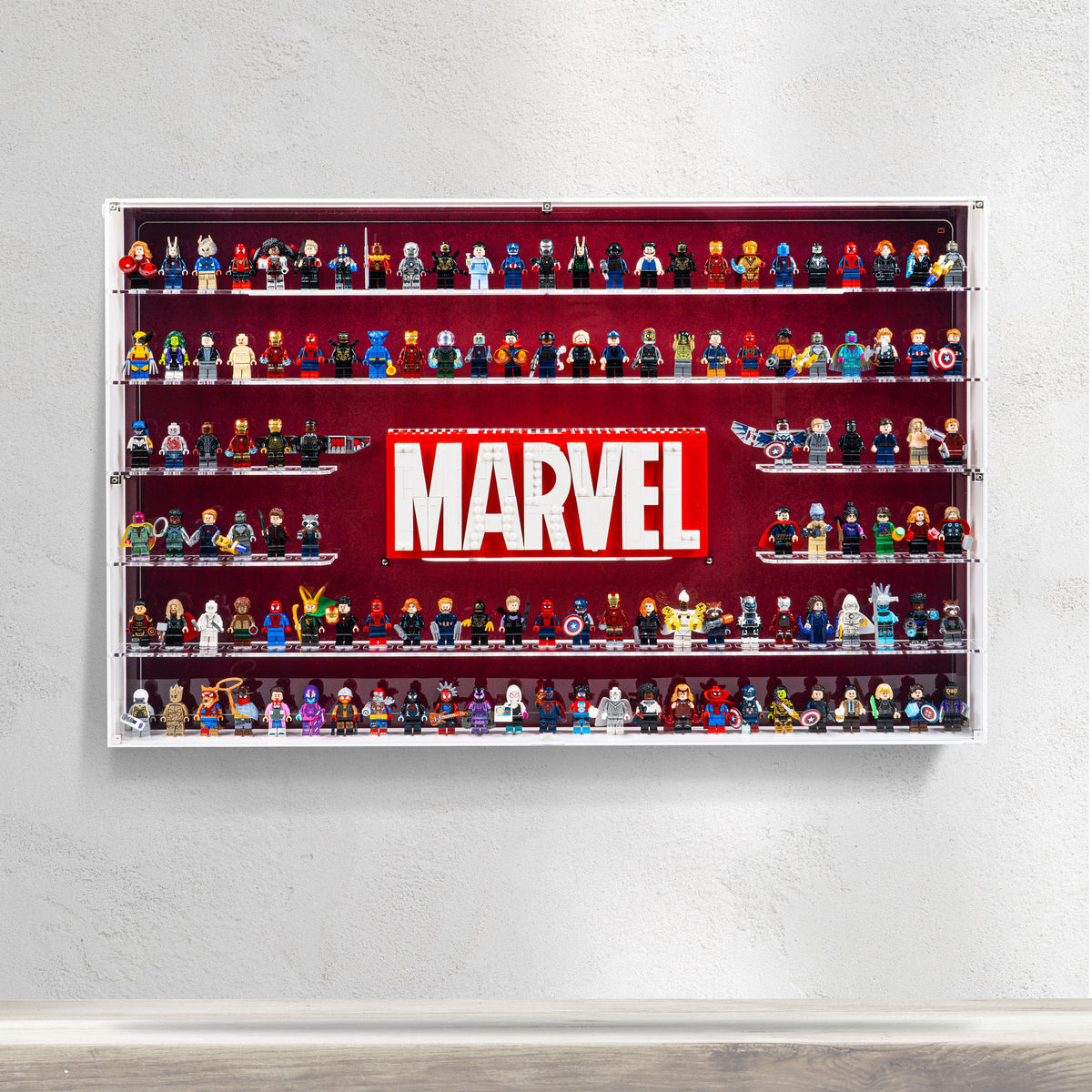LEGO 76313 Marvel Logo & 124 Minifigures in the acrylic wall mounted display case, display view 3