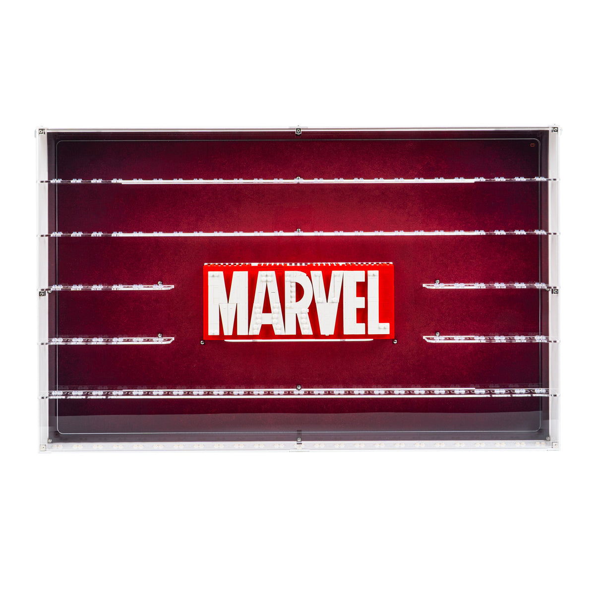 LEGO 76313 Marvel Logo & 124 Minifigures in the acrylic wall mounted display case, display view 4
