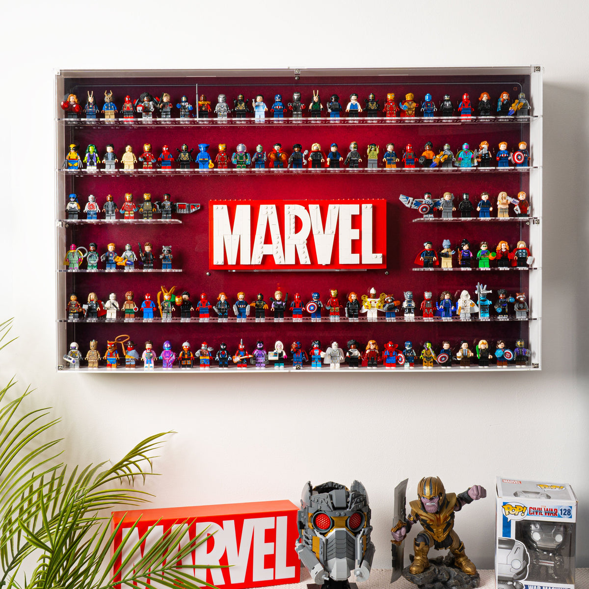 LEGO 76313 Marvel Logo & 124 Minifigures in the acrylic wall mounted display case, display view 10