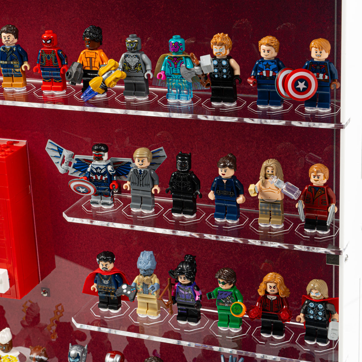 Acrylic wall mounted display case construction detail for LEGO 76313 Marvel Logo & 124 Minifigures, view 5