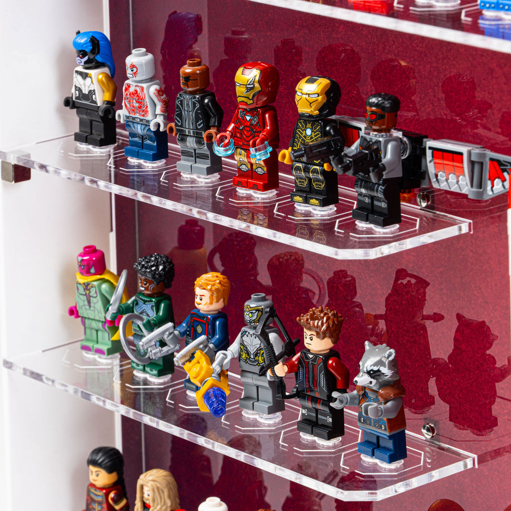 Acrylic wall mounted display case construction detail for LEGO 76313 Marvel Logo & 124 Minifigures, view 6