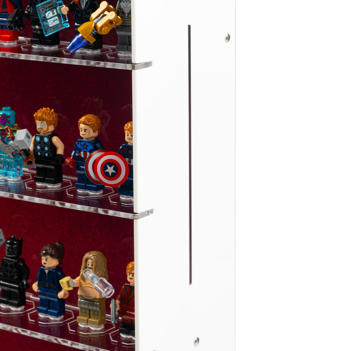 Acrylic wall mounted display case construction detail for LEGO 76313 Marvel Logo & 124 Minifigures, view 7