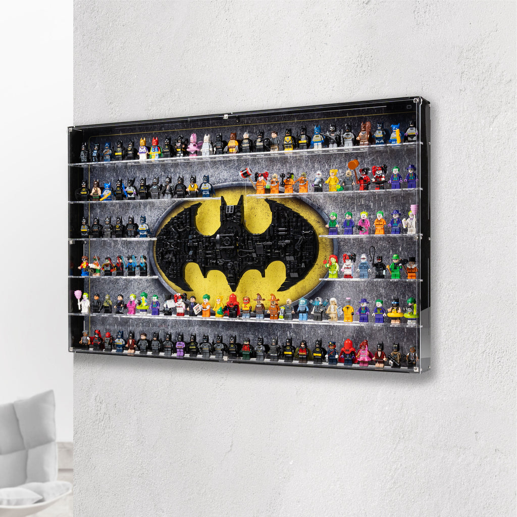 Complete acrylic wall mounted display case for LEGO 76330 Batman Logo & 121 Minifigures