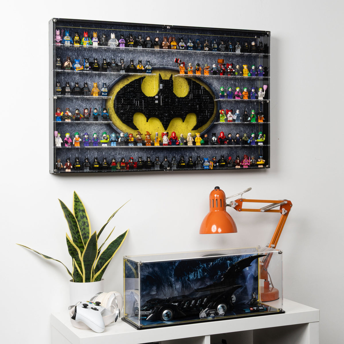 LEGO 76330 Batman Logo & 121 Minifigures in the acrylic wall mounted display case, display view 2