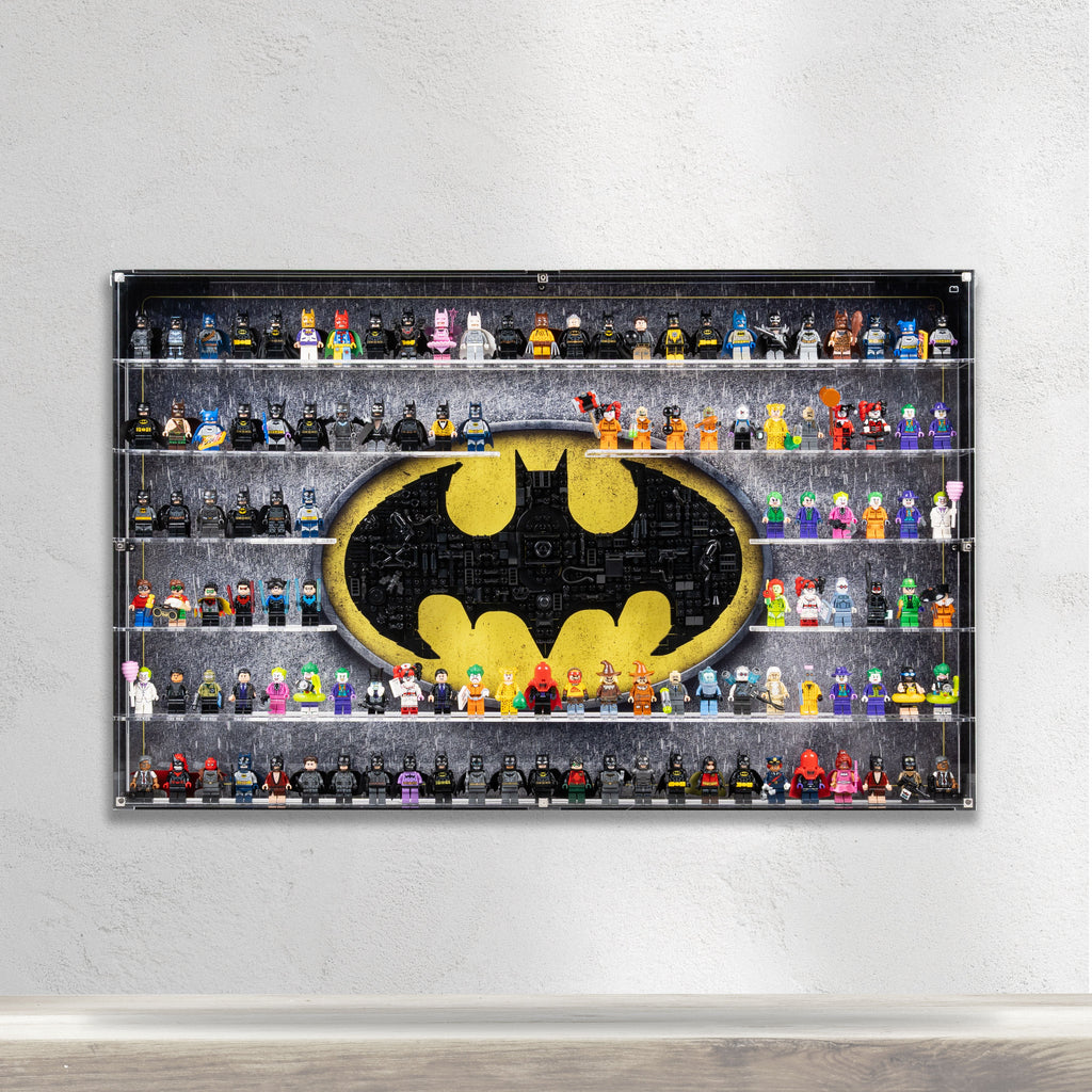 LEGO 76330 Batman Logo & 121 Minifigures in the acrylic wall mounted display case, display view 3