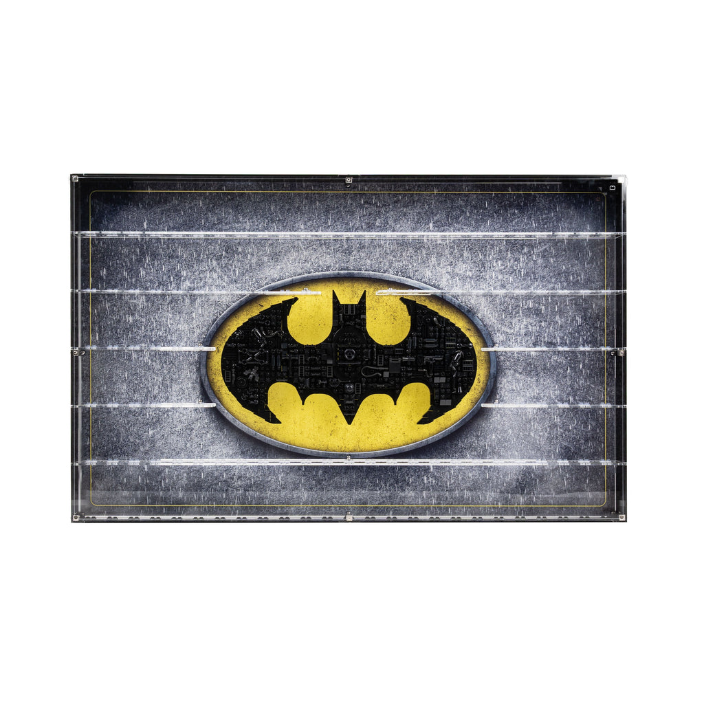 LEGO 76330 Batman Logo & 121 Minifigures in the acrylic wall mounted display case, display view 4