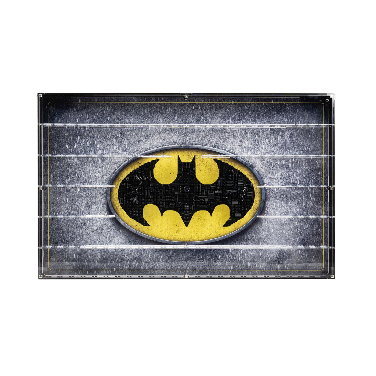LEGO 76330 Batman Logo & 121 Minifigures in the acrylic wall mounted display case, display view 4