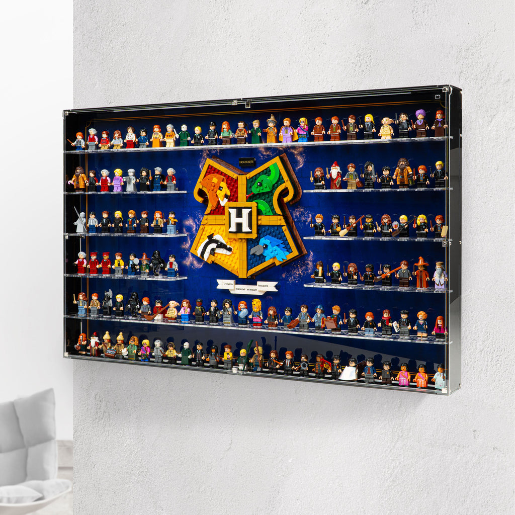 Complete acrylic wall mounted display case for LEGO 76462 Hogwarts House Crest & 123 Minifigures