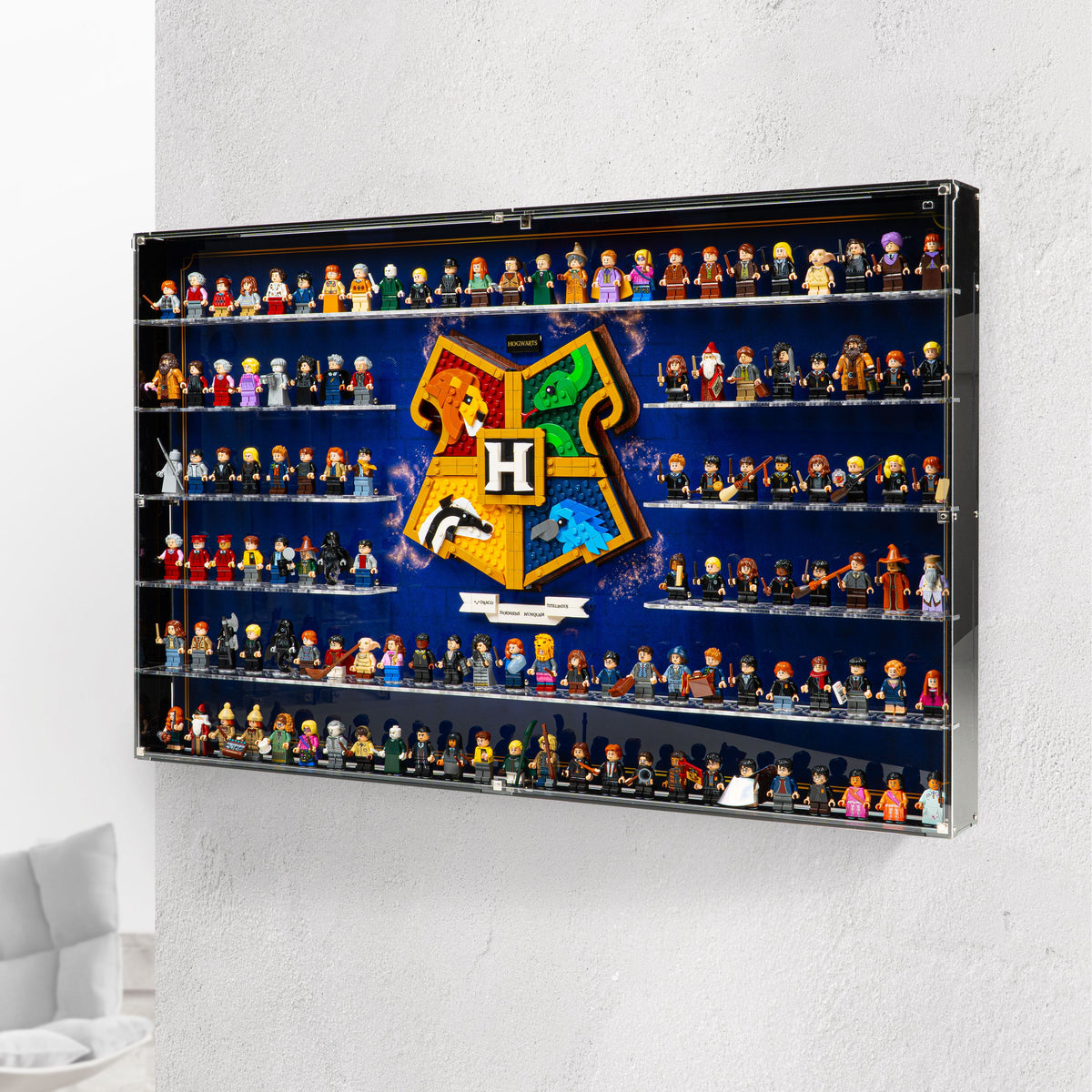 Complete acrylic wall mounted display case for LEGO 76462 Hogwarts House Crest & 123 Minifigures
