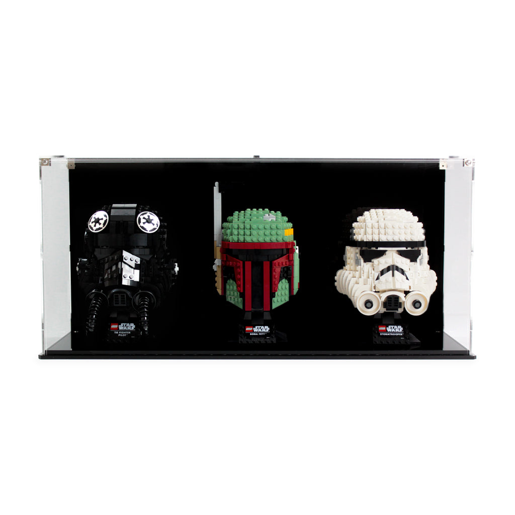3 LEGO Helmets in the acrylic display case, display view 1