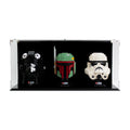 3 LEGO Helmets in the acrylic display case, display view 1