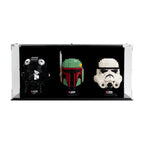 3 LEGO Helmets in the acrylic display case, display view 1