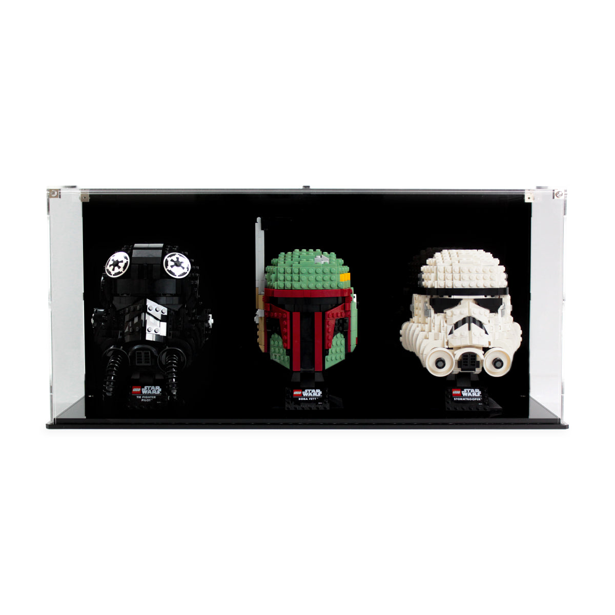 3 LEGO Helmets in the acrylic display case, display view 1