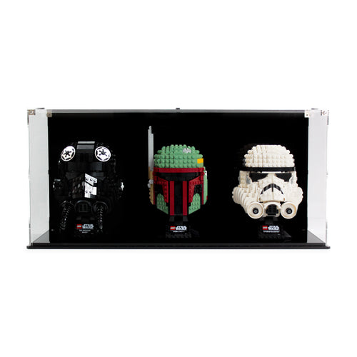 3 LEGO Helmets in the acrylic display case, display view 1