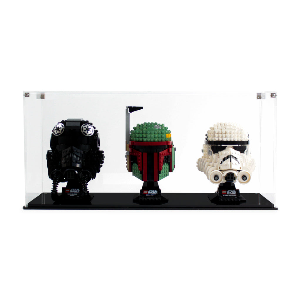 3 LEGO Helmets in the acrylic display case, display view 6