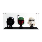 3 LEGO Helmets in the acrylic display case, display view 6