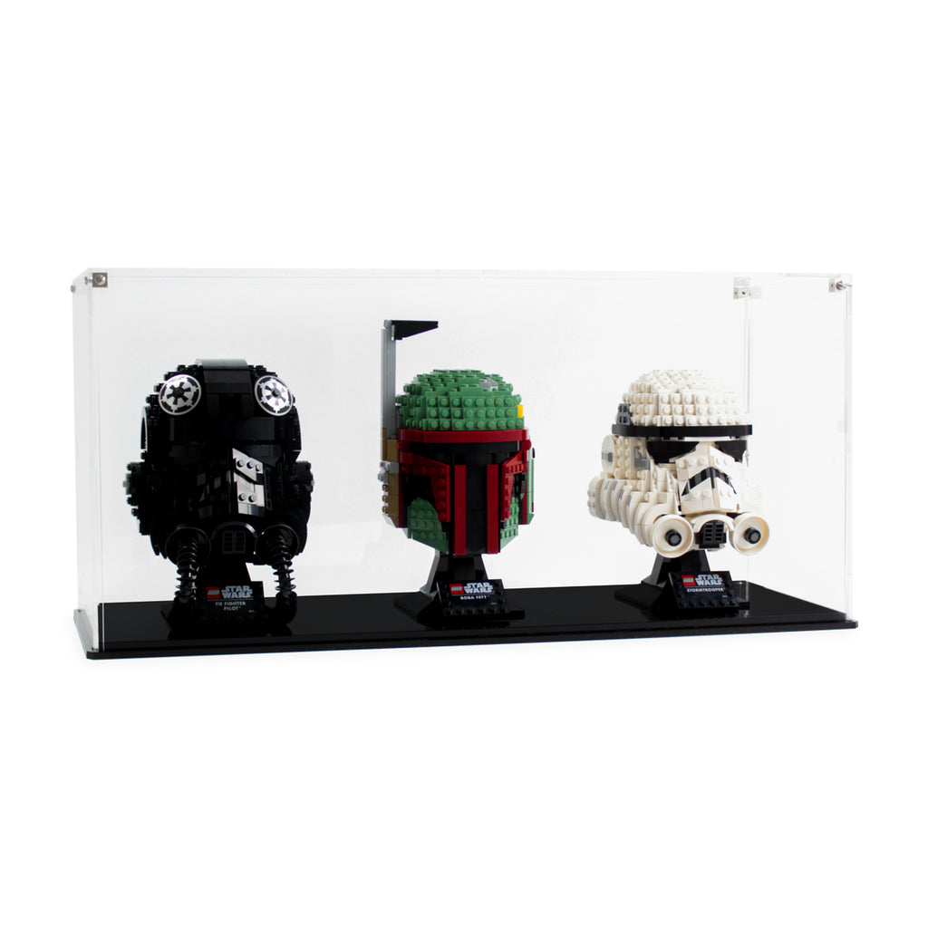 3 LEGO Helmets in the acrylic display case, display view 7