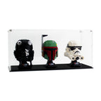 3 LEGO Helmets in the acrylic display case, display view 7