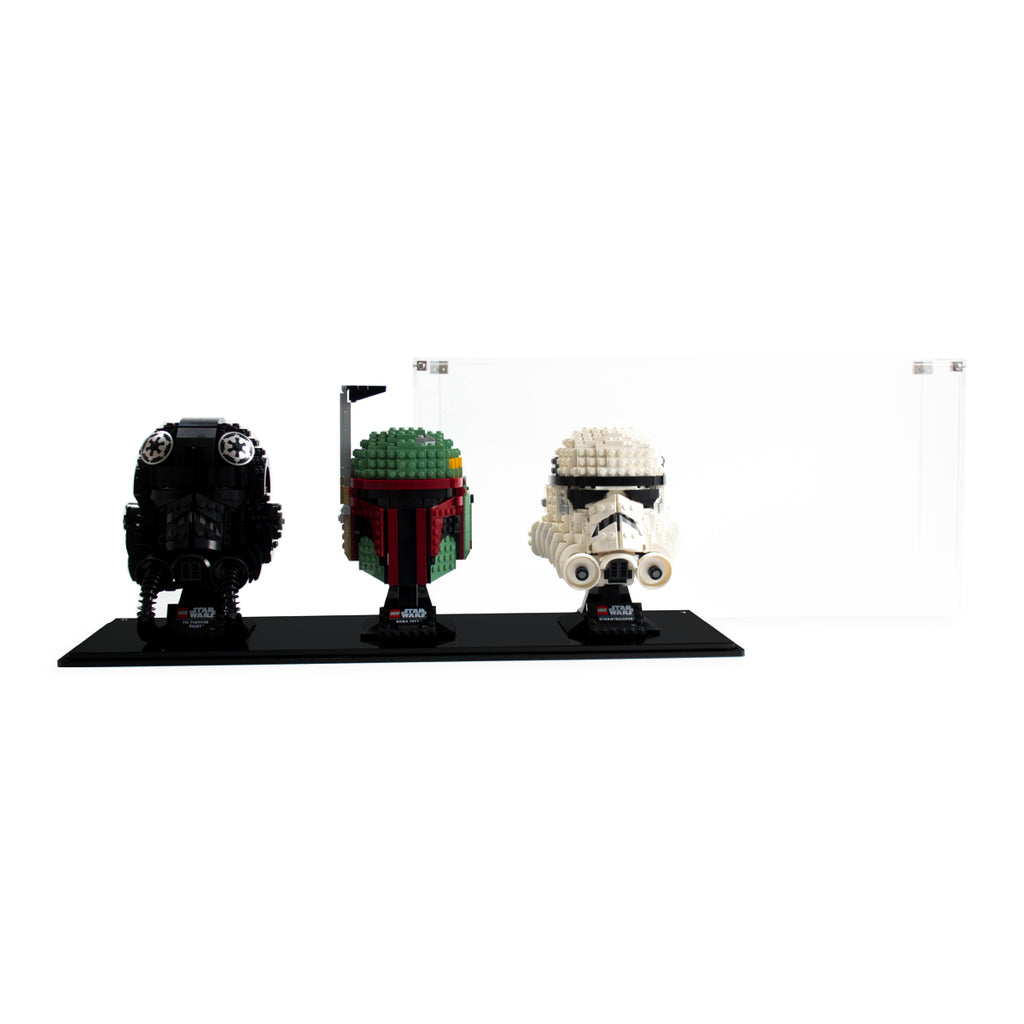 3 LEGO Helmets in the acrylic display case, display view 8