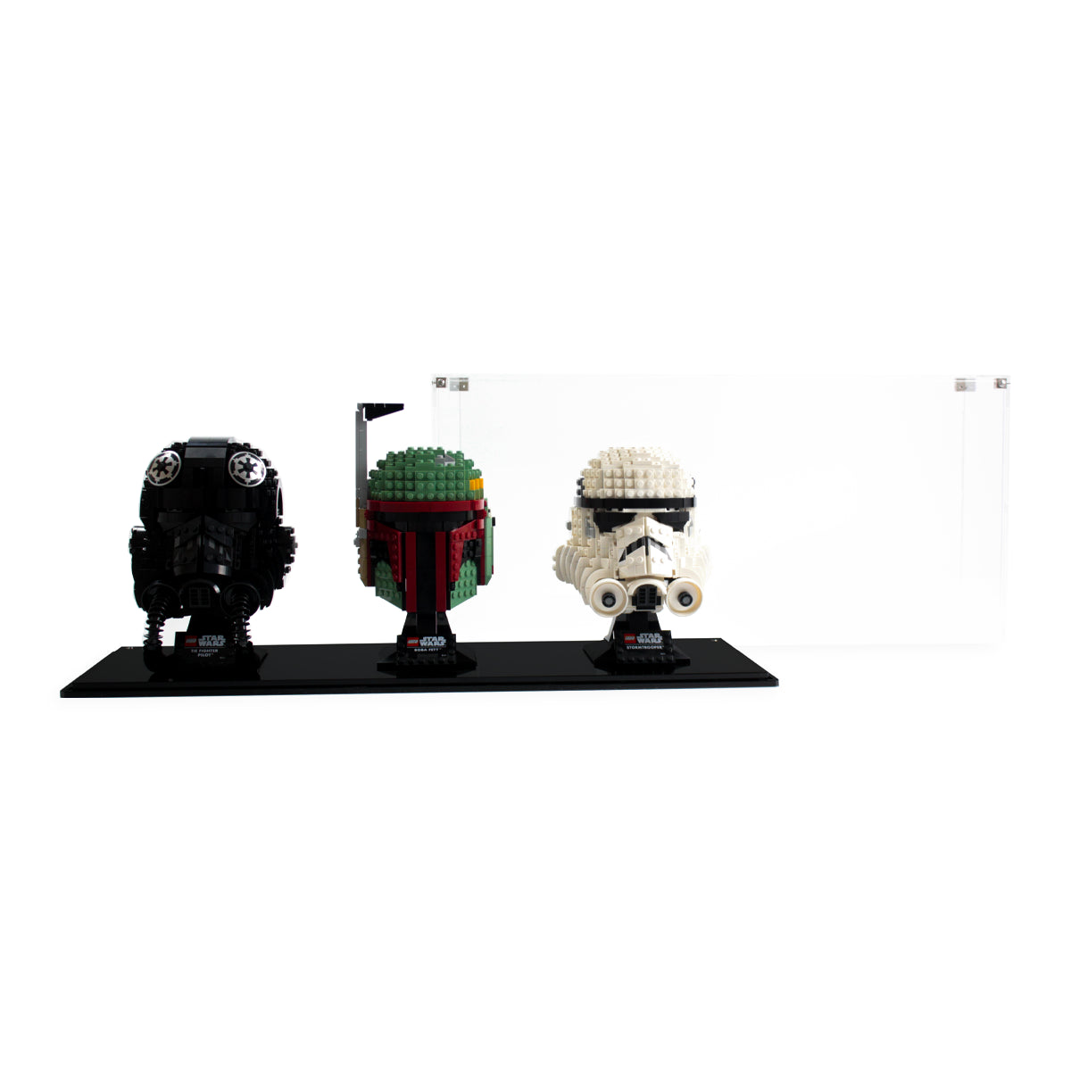 3 LEGO Helmets in the acrylic display case, display view 8