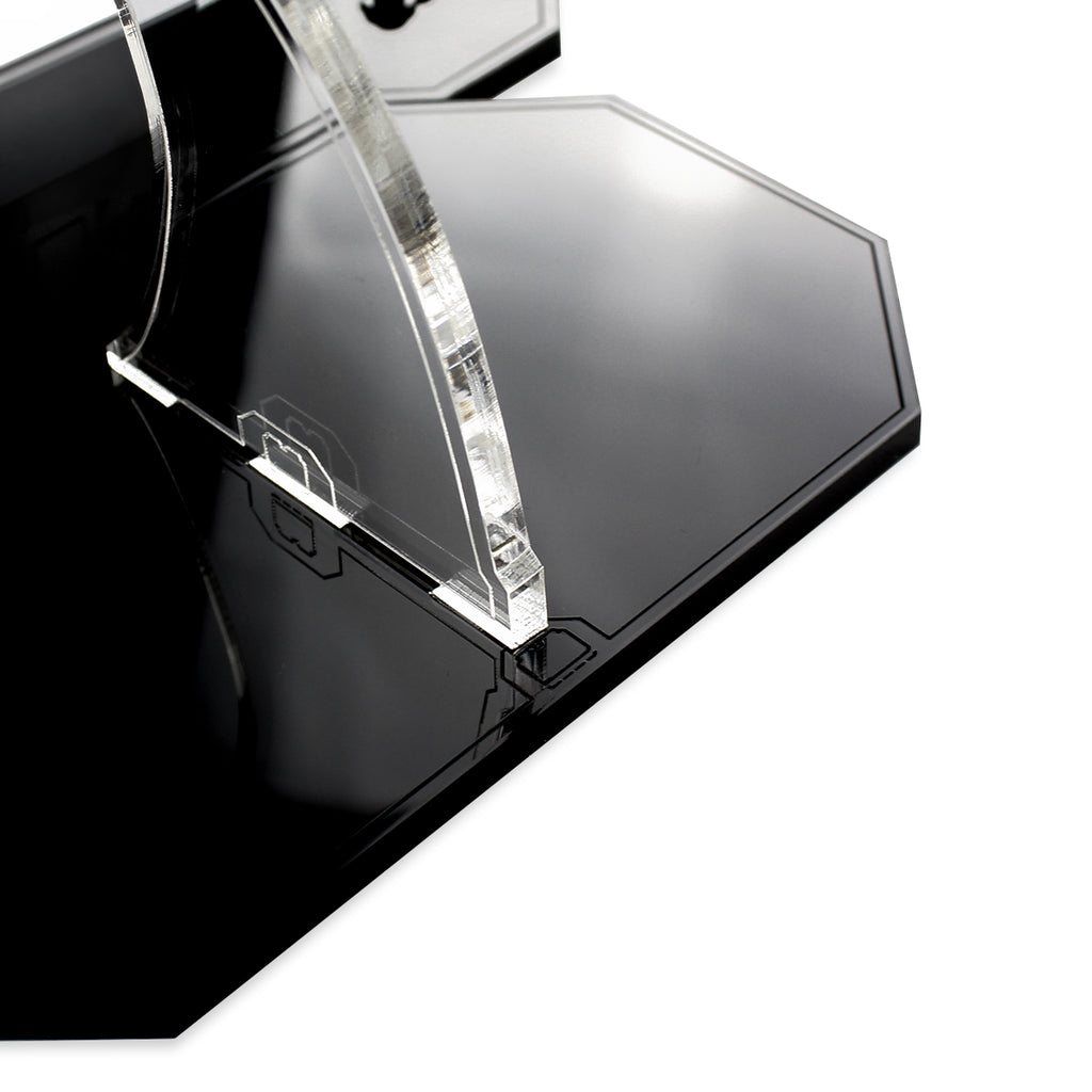 Close-up of the clear support connection and black base for the LEGO 75258 display stand