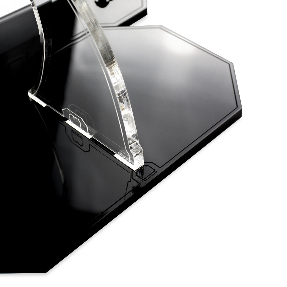 Close-up of the clear support connection and black base for the LEGO 75258 display stand
