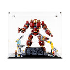 Front view of the complete acrylic display case with LEGO 76105 Hulkbuster and workshop