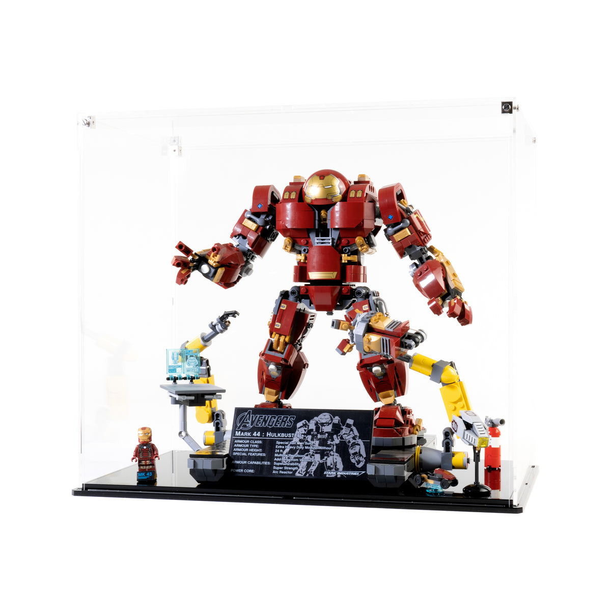 Angled view of the acrylic case for LEGO 76105 Hulkbuster Ultron Edition