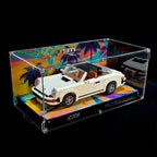 Complete printed-background display case with LEGO Porsche 911 10295, front three-quarter view