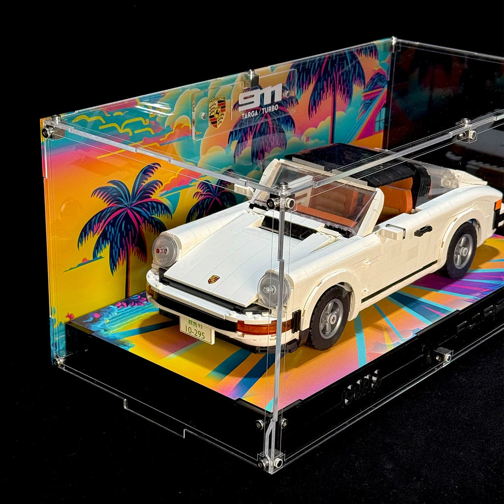LEGO Porsche 911 10295 inside the printed-background display case, close-up view