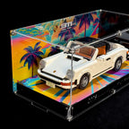 LEGO Porsche 911 10295 inside the printed-background display case, close-up view