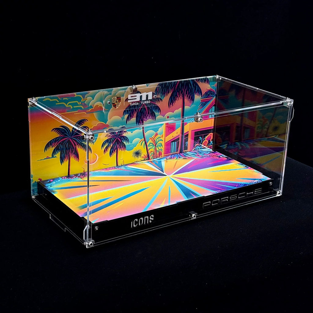 Empty acrylic display case for LEGO Porsche 911 10295 with a colorful printed background