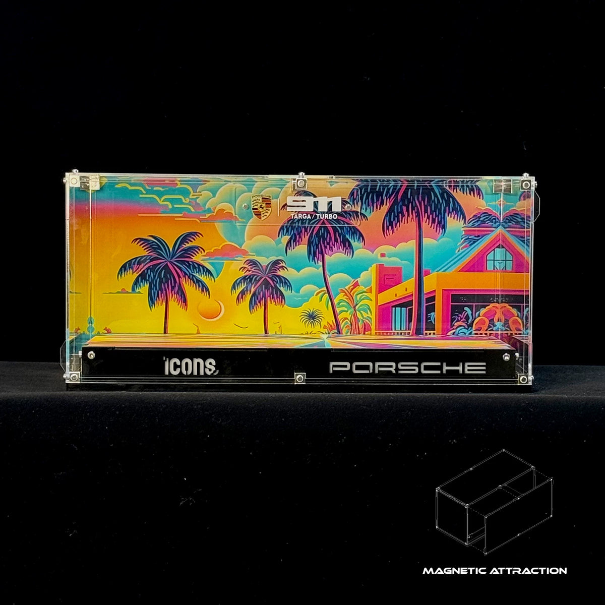 Front view and magnetic panel illustration of the display case for LEGO Porsche 911 10295