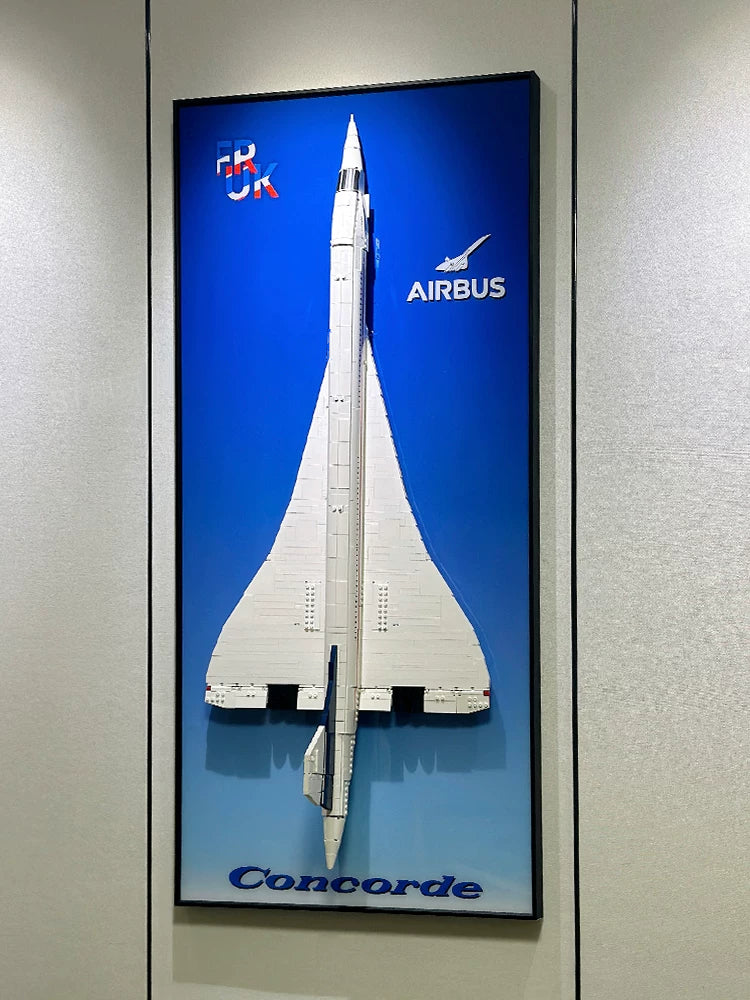 Complete wall-mounted display frame with LEGO Concorde 10318 and a blue printed background