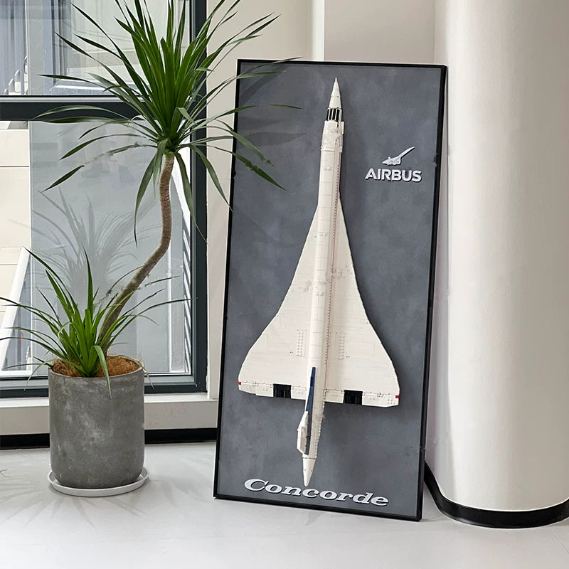 Complete wall display frame with LEGO Concorde 10318 and gray background beside a window
