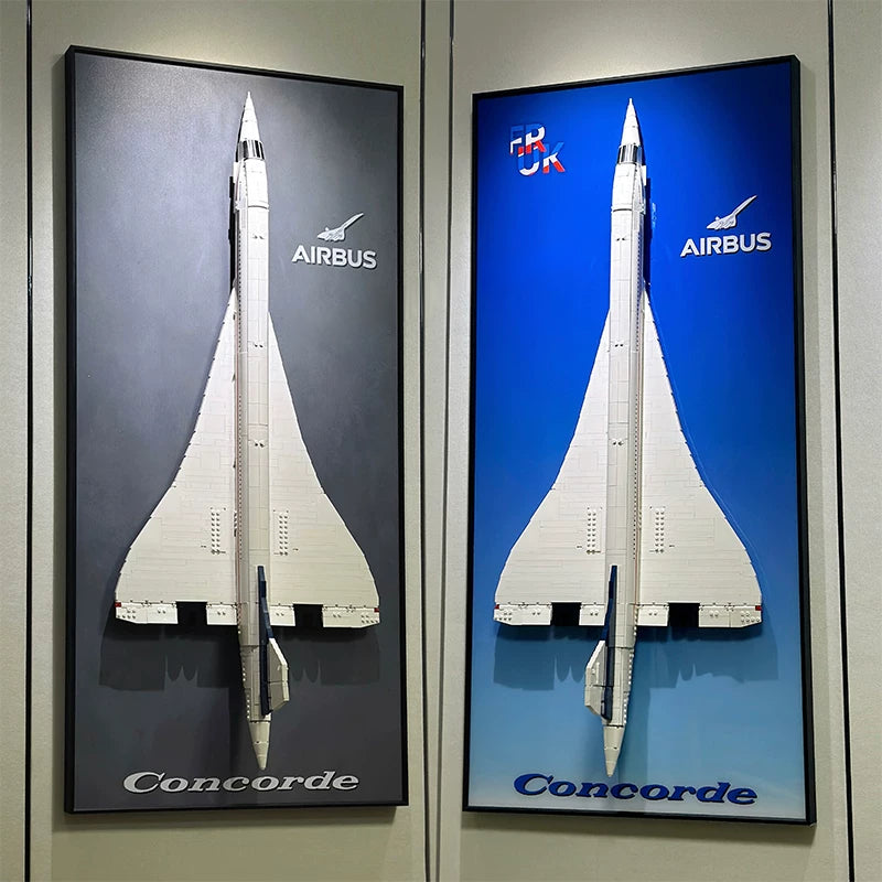 Two wall display frames with LEGO Concorde 10318, showing gray and blue backgrounds