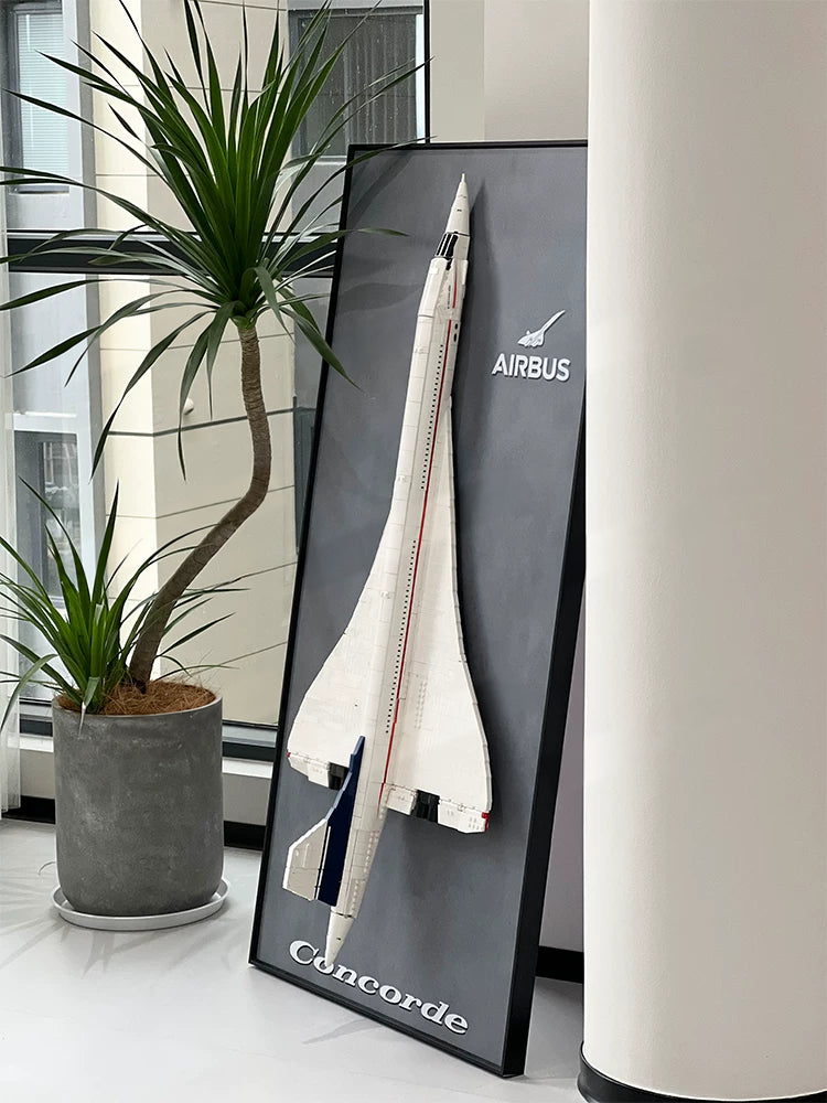 Angled view of the LEGO Concorde 10318 wall display frame with a gray background