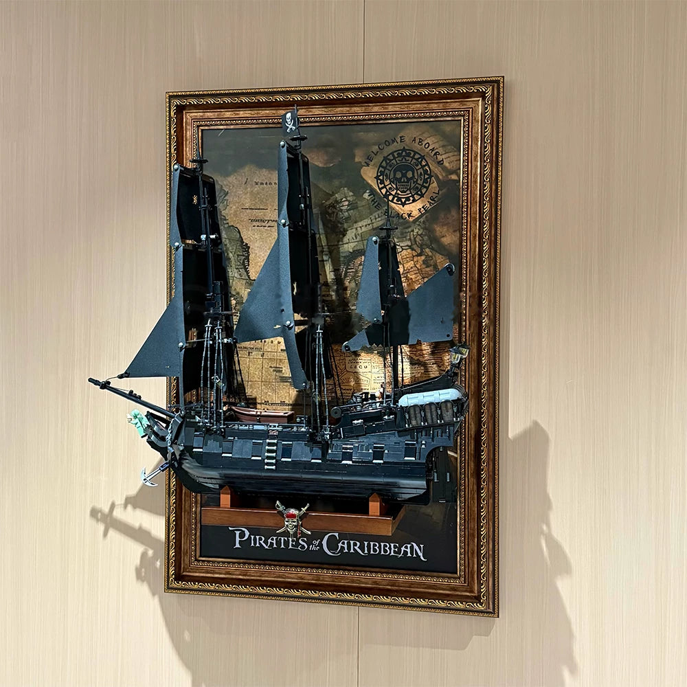 Angled front view of the unlit LEGO 10365 pirate ship wall display frame
