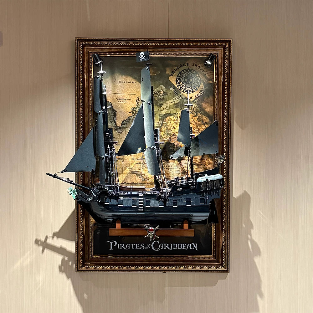 Wall frame for LEGO 10365 pirate ship with spotlights illuminating the backdrop