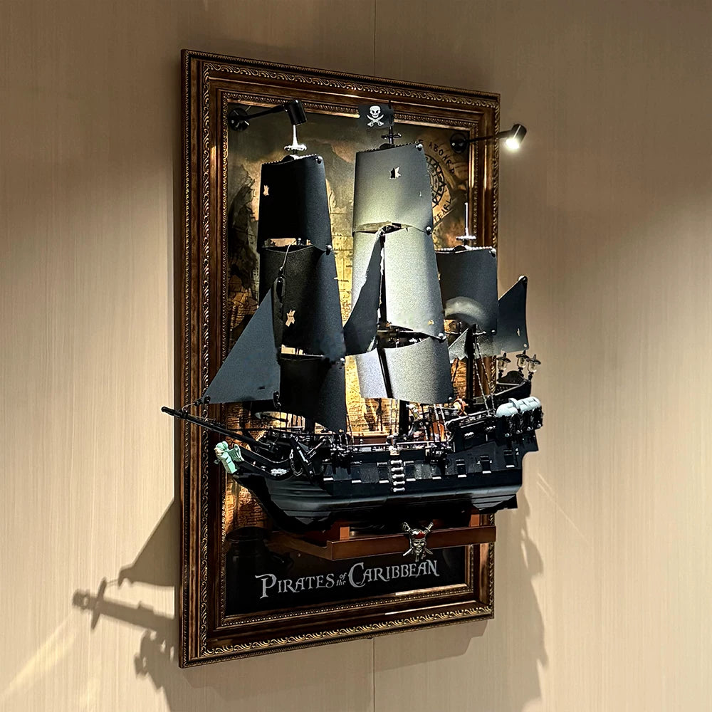 Angled view of the LEGO 10365 pirate ship wall display frame with lights on
