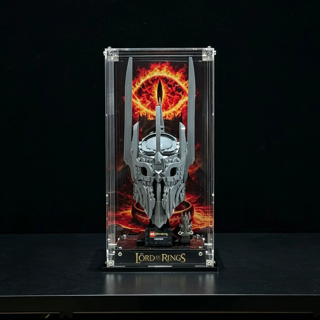 Acrylic display case for LEGO Sauron's Helmet 11373 with printed Eye of Sauron backdrop