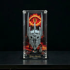 Acrylic display case for LEGO Sauron's Helmet 11373 with printed Eye of Sauron backdrop