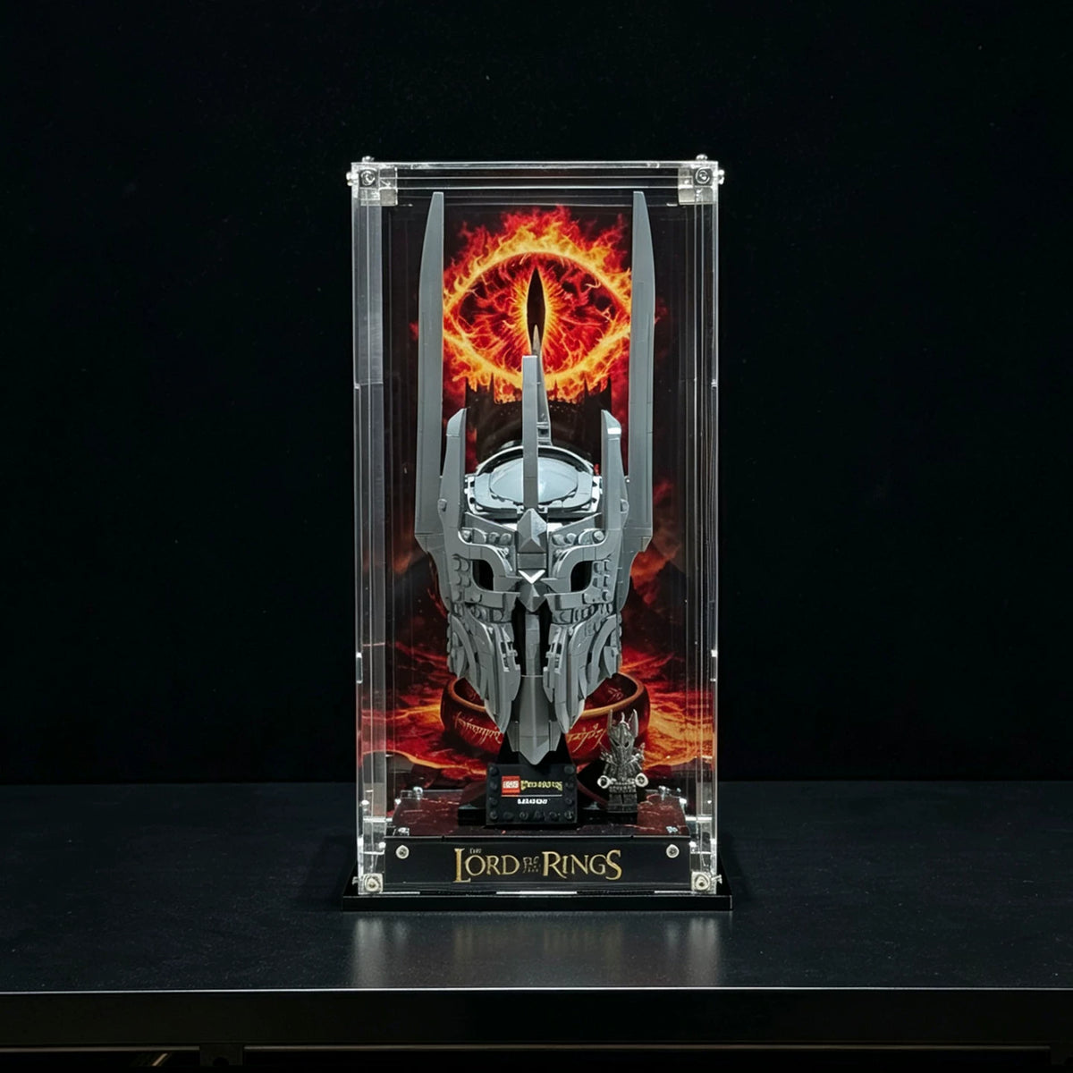 Acrylic display case for LEGO Sauron's Helmet 11373 with printed Eye of Sauron backdrop