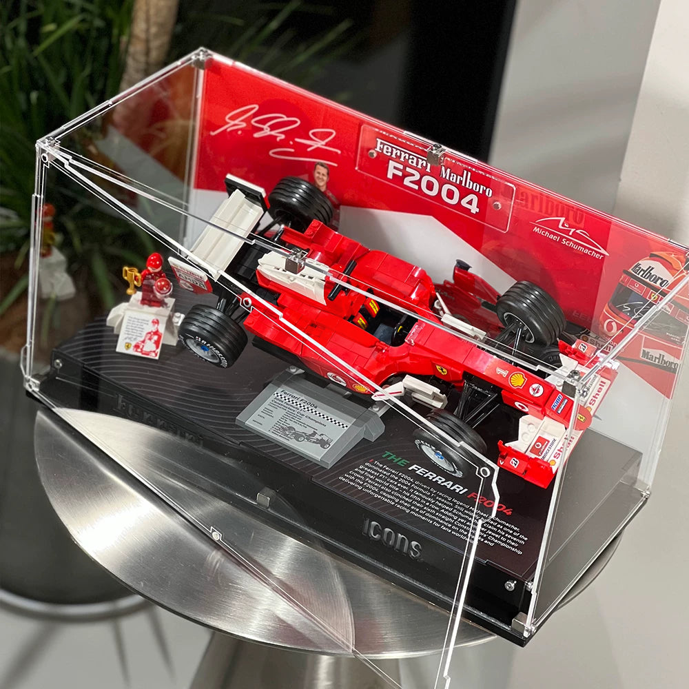 Angled view of the acrylic display case for LEGO Ferrari F2004 and Michael Schumacher 11375.