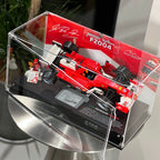 Angled view of the acrylic display case for LEGO Ferrari F2004 and Michael Schumacher 11375.