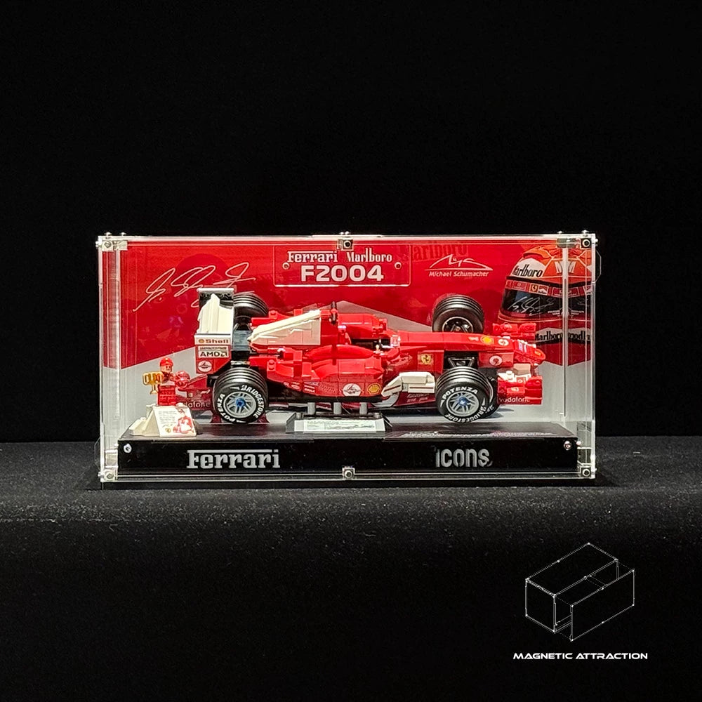 Front view of the LEGO 11375 acrylic display case on a dark background with magnetic closure illustration.