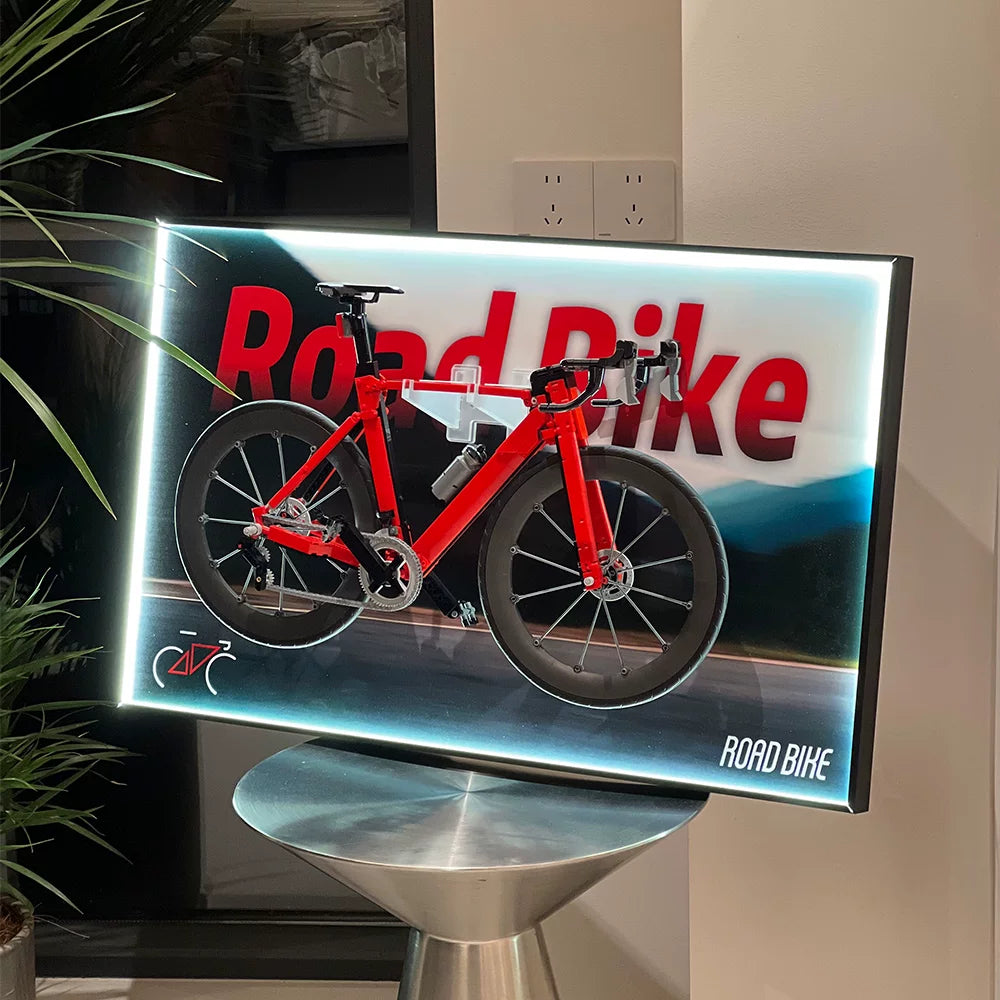 Wall display frame for LEGO Road Bike 11380 with LED lighting on