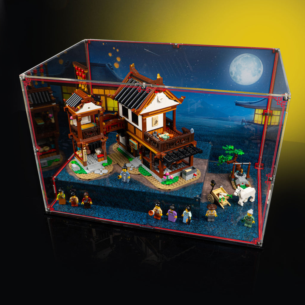 Overhead view of the open-top Ancient Moon-Gazing Inn 80121 display case showing the raised model platform.